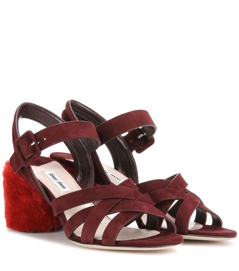 miu miu suede sandals with shearling-covered heel|miu michaels shoes.